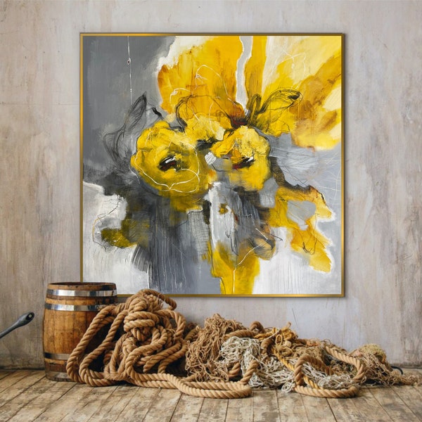 Abstract Yellow Flower Painting Bold Modern Floral Wall Art Expressive Painting Nature-Inspired Home Decor Yellow And Gray Art 39.3x39.3"