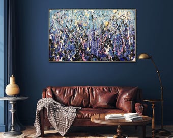 抽象的な野花の草原の絵画：キャンバスに描かれた青、紫、ピンクの