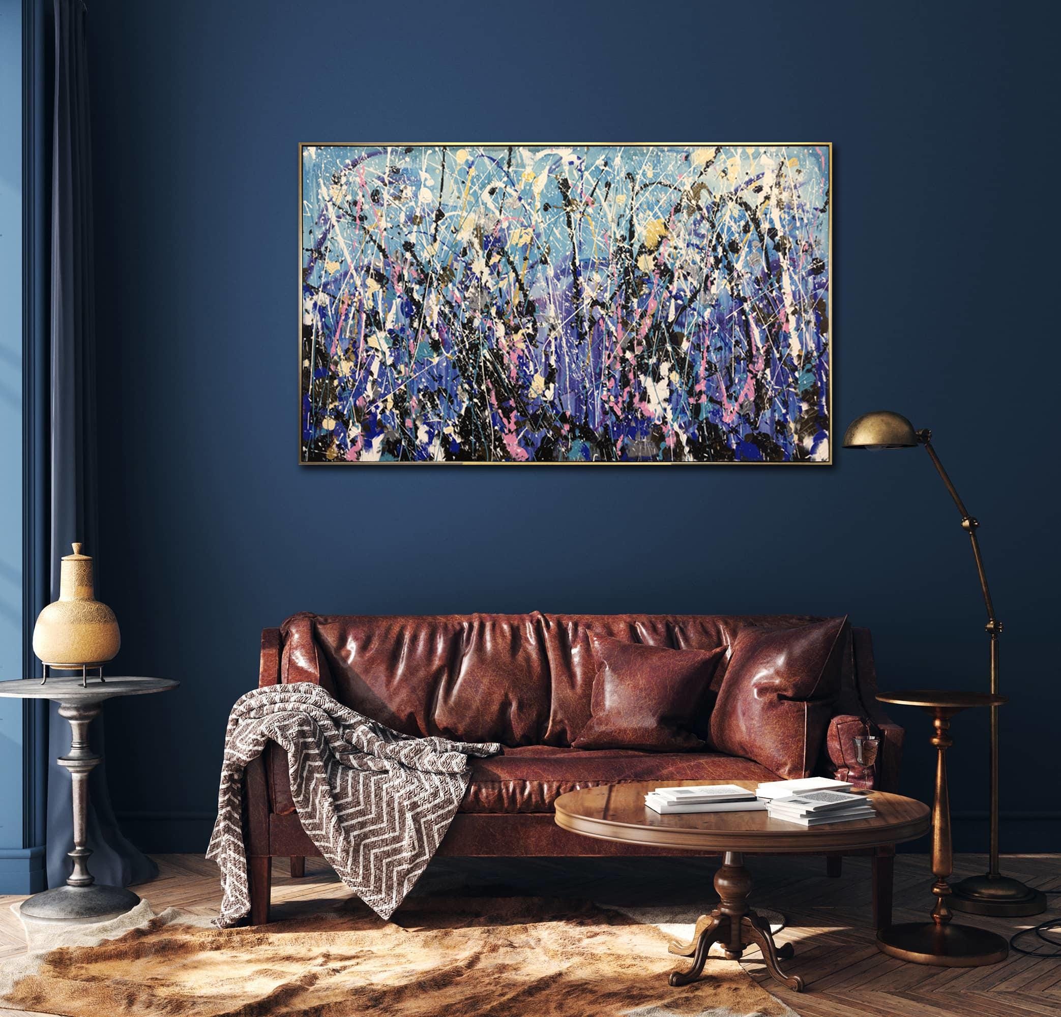 抽象的な野花の草原の絵画：キャンバスに描かれた青、紫、ピンクの