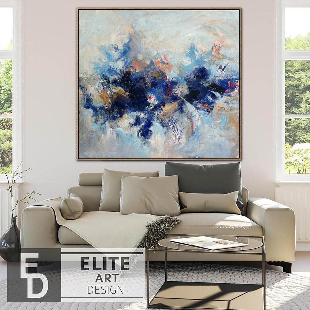 Large Abstract Light Blue Paintings on Canvas Expressionist Art Oil