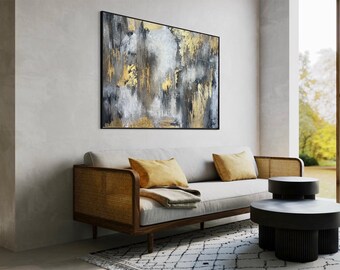 抽象的なゴールドとグレーのテクスチャ絵画：モダンなキャンバス
