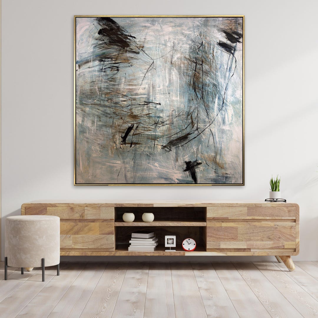 Large Abstract Expressionist Painting Neutral Blue Gray Canvas Wall Art ...
