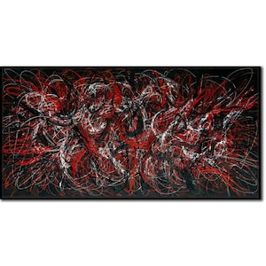 Large Jackson Pollock Style Red and Black Abstract Expressionist Wall Art