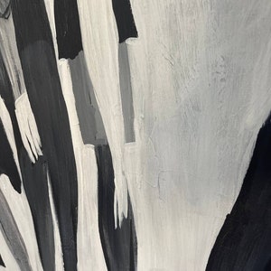 May include: Abstract painting with black and white brushstrokes creating a pattern of vertical lines.