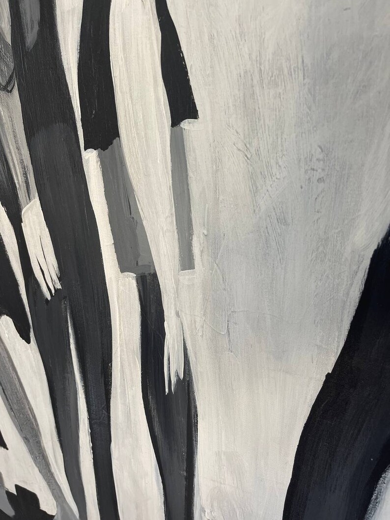 May include: Abstract painting with black and white brushstrokes creating a pattern of vertical lines.