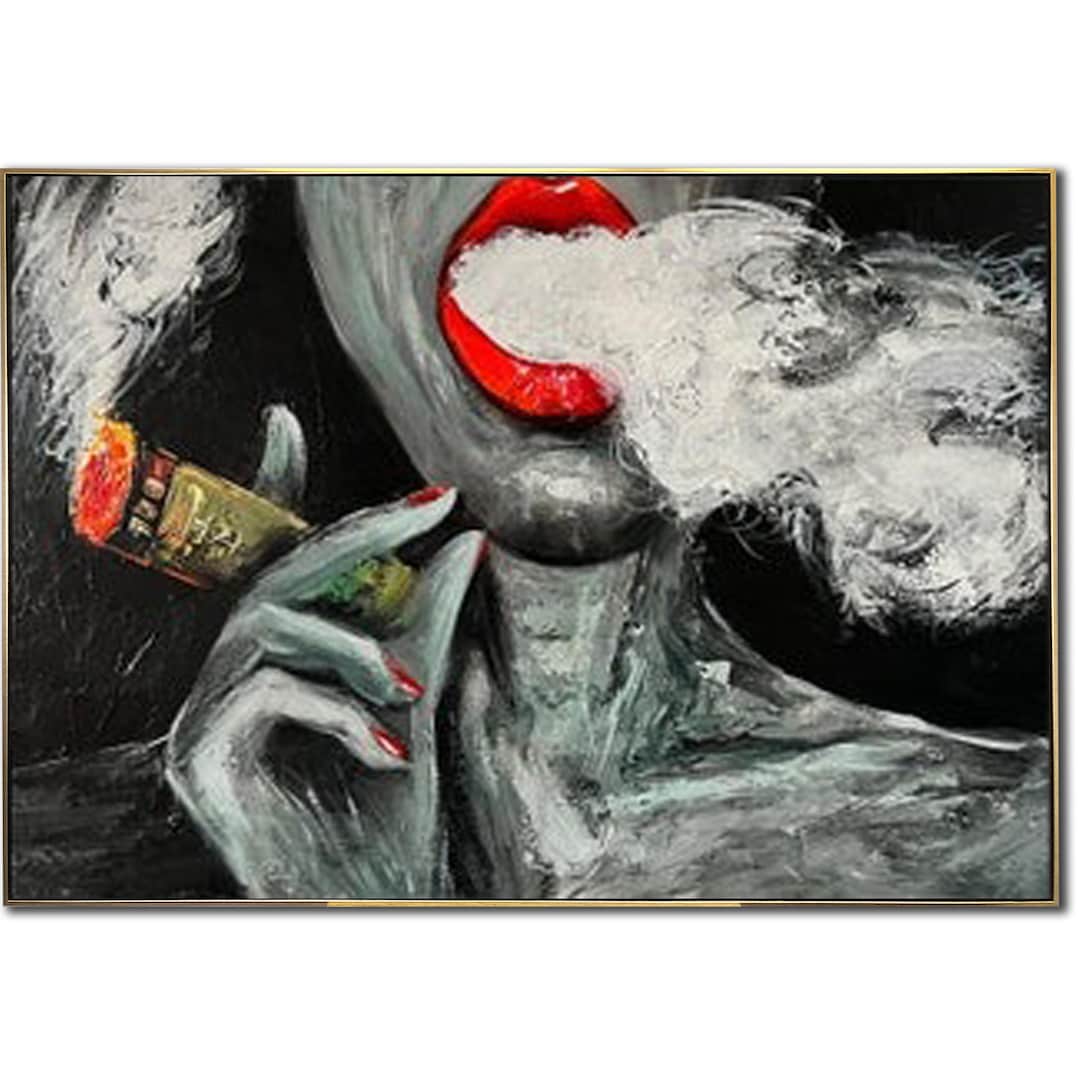Bold Smoking Woman Art With Red Lips Modern Pop Art Painting Large ...