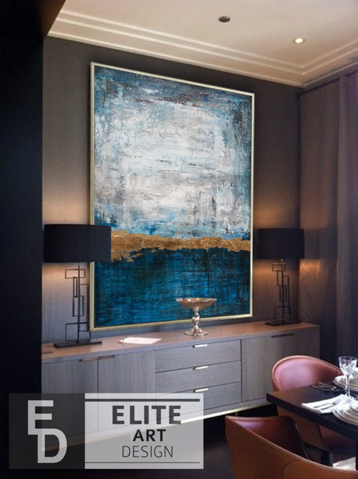 Modern Ocean Wall Art Navy Blue Painting Gold Leaf Painting Etsy