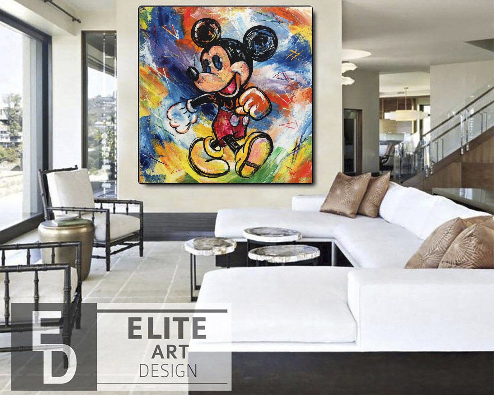 Large Mickey Framed Mouse Canvas Art Abstract Cartoon Etsy