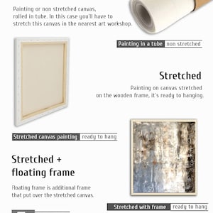 May include: A comparison of canvas painting options. The first image shows a rolled canvas, the second shows a stretched canvas, and the third shows a stretched canvas with a floating frame. The text reads "Not stretched", "Painting in a tube non stretched", "Stretched", "Painting on canvas stretched on the wooden frame, it's ready to hanging", "Stretched canvas painting ready to hang", "Stretched + floating frame", "Floating frame is additional frame that put over the stretched canvas", "Stretched with frame ready to hang".