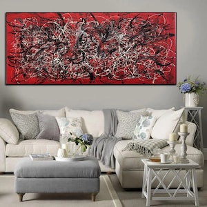 Jackson Pollock Style Gemälde auf leuchtend roter Leinwand Moderne abstrakte bunte feinste Kunst handgemachte Wandkunst für Wohnzimmer Bild 2