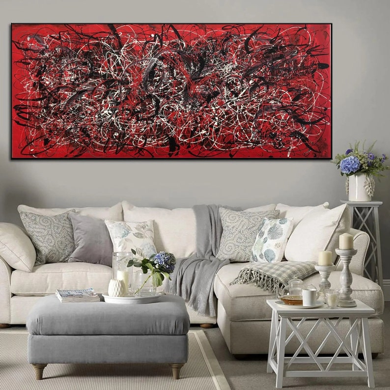 Jackson Pollock Style Gemälde auf leuchtend roter Leinwand Moderne abstrakte bunte feinste Kunst handgemachte Wandkunst für Wohnzimmer Bild 2