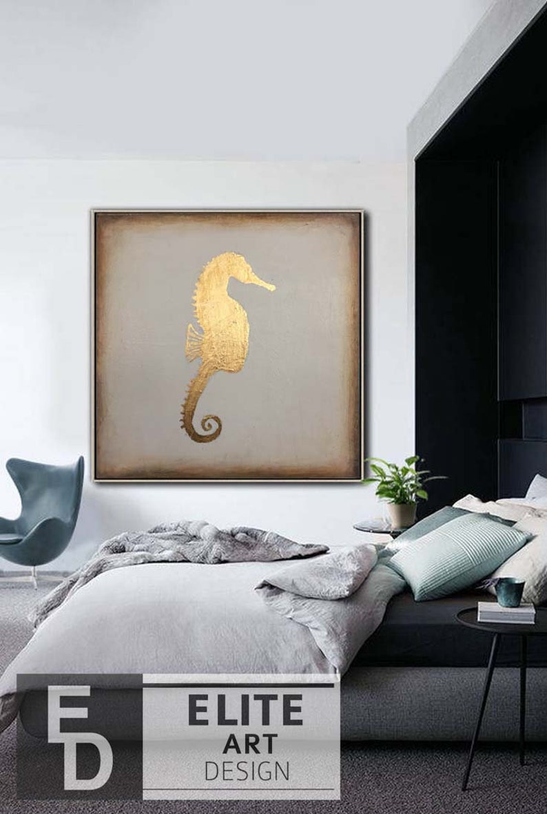 Large Framed Art Sea Horse Painting Abstract Modern Canvas Golden Leaf Gray Wall Art Modern Paintings Oversized Wall Art Kitchen