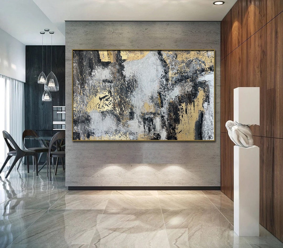 30x46 Abstract Gold Leaf Paintings on Canvas Grey Textured Wall Art ...