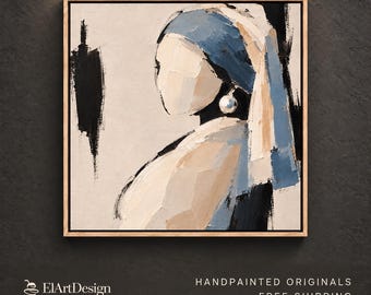 Abstract Faceless Woman Portrait Portrait Painting | Beige Blue Minimalist Textured Wall Art for Living Room