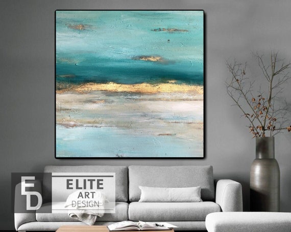 ターコイズ＆ゴールドの抽象画キャンバス – モダンアート - Etsy 日本