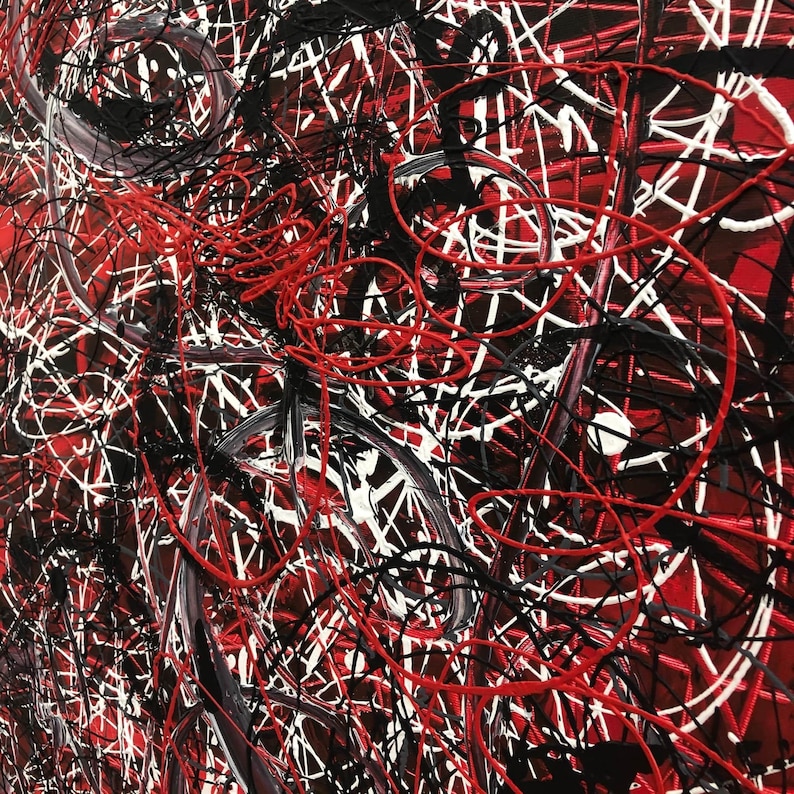 Dipinti in stile Jackson Pollock su tela rossa brillante Arte moderna astratta colorata dipinta a mano per soggiorno immagine 3