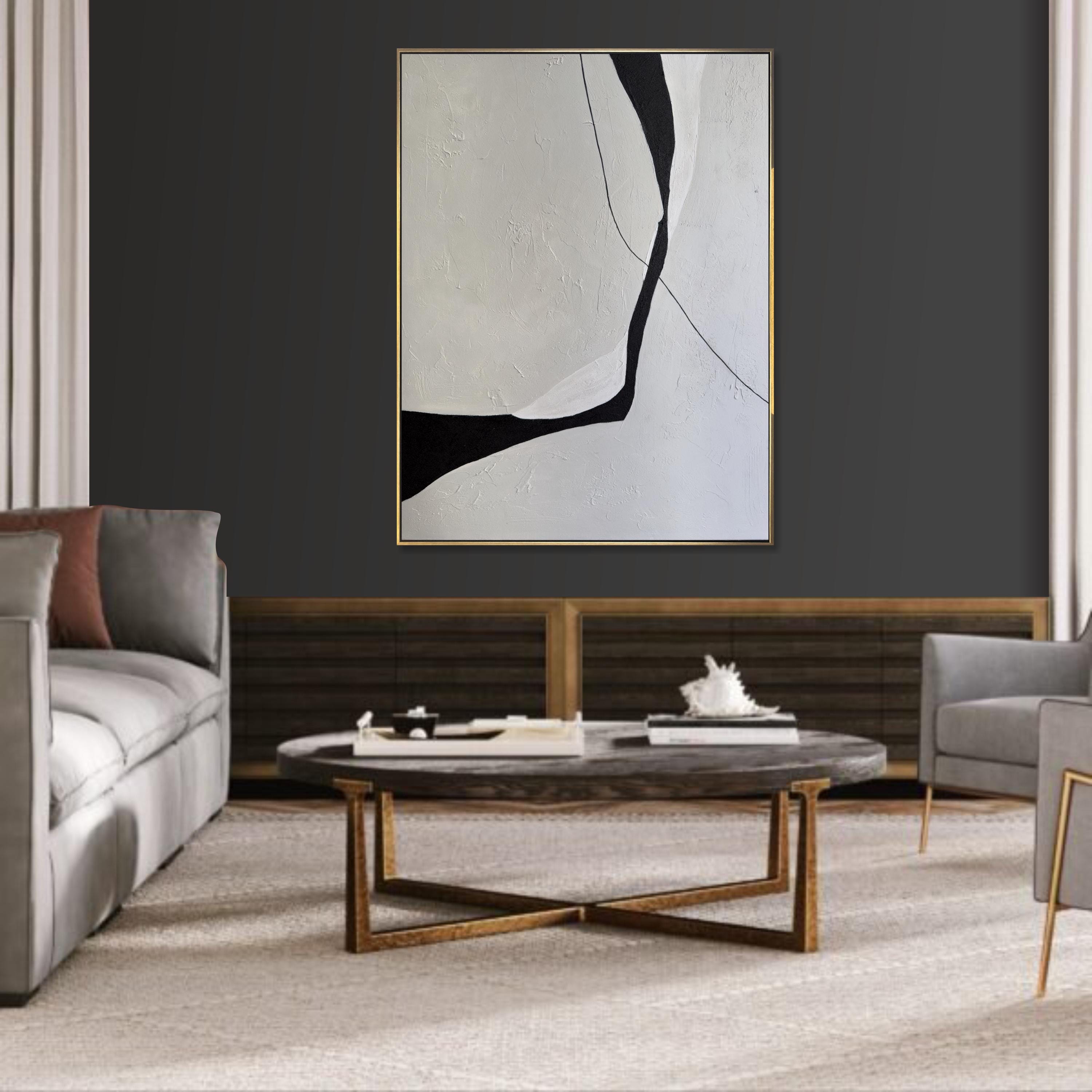 Modern Abstract Black and White Textured Canvas Painting: Minimalist ...