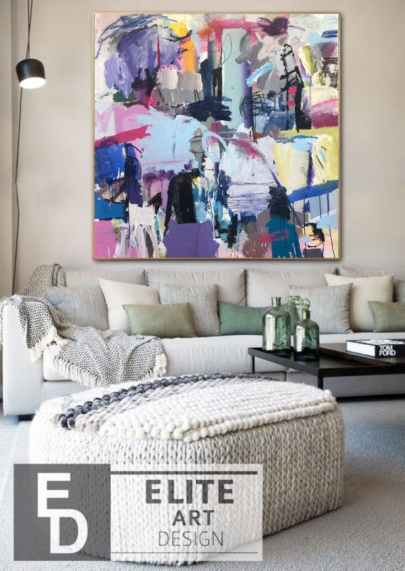 50x50 Large Abstract Painting on Canvas Purple Wall Art Etsy