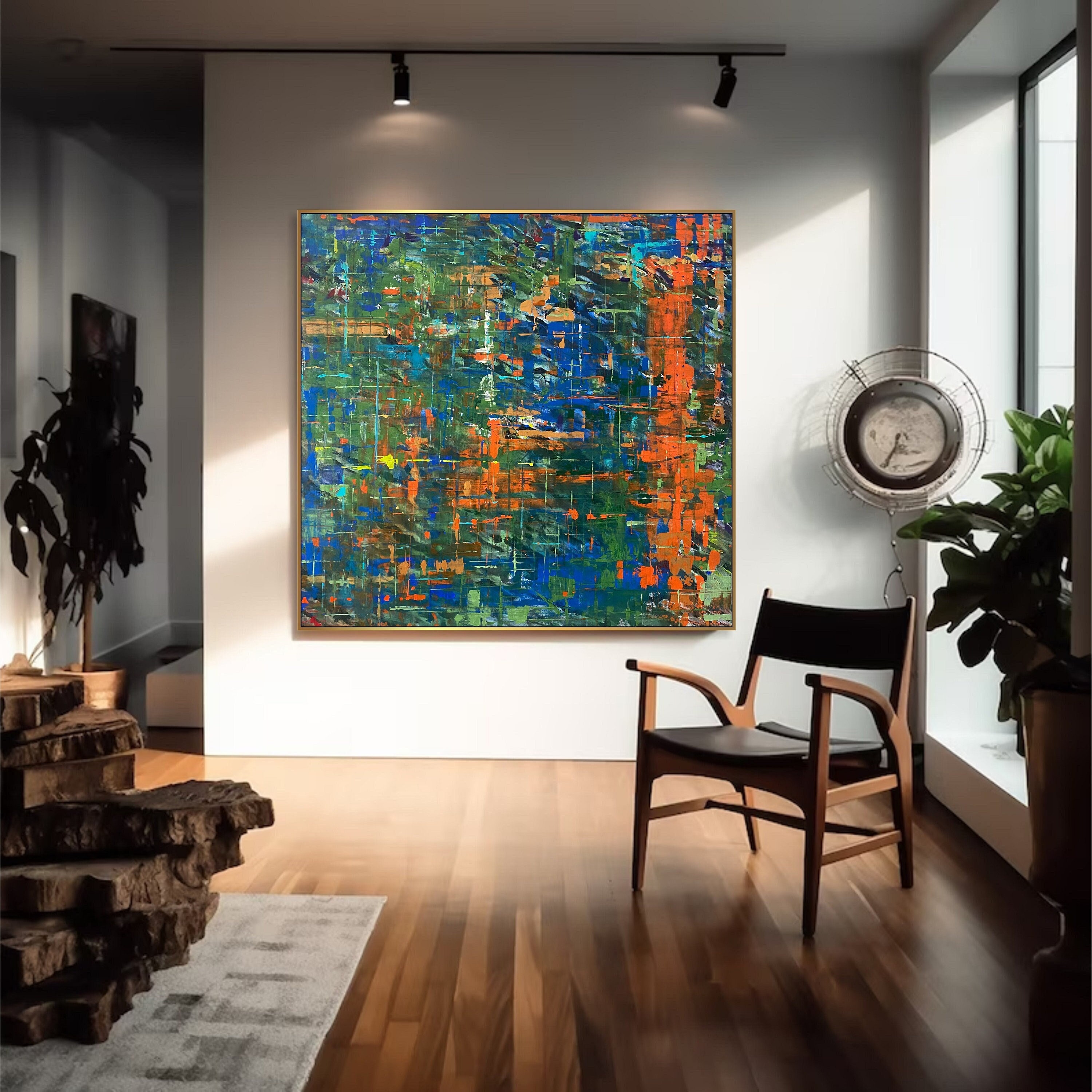 Large Abstract Canvas Art, Textured Indigo Emerald Painting