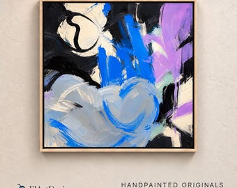 Blue Purple Abstract Painting Expressionist Black Cream Textured Canvas Wall Art for Living Room
