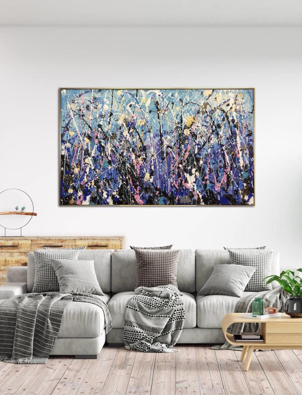 抽象的な野花の草原の絵画：キャンバスに描かれた青、紫、ピンクの