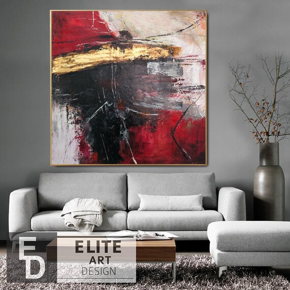 Large Abstract Red Painting Canvas Gold Leaf Wall Art Original - Red And Gold Leaf Wall Art For Living Room Large Abstract Red Painting Canvas Gold Leaf Wall Art Original - Red And Gold Leaf Wall Art For Living Room