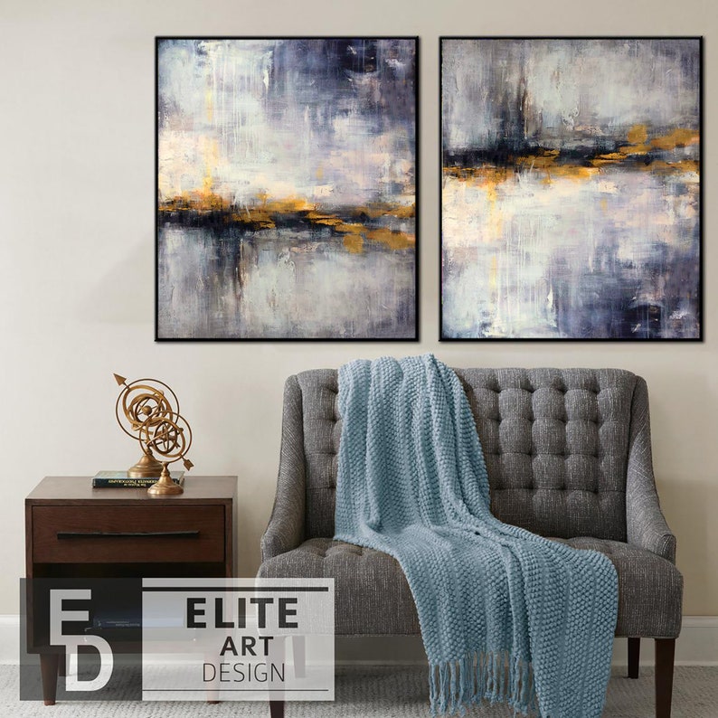 Extra Large Canvas Art Modern Wall Art Set of 2 Blue Wall Art Etsy
