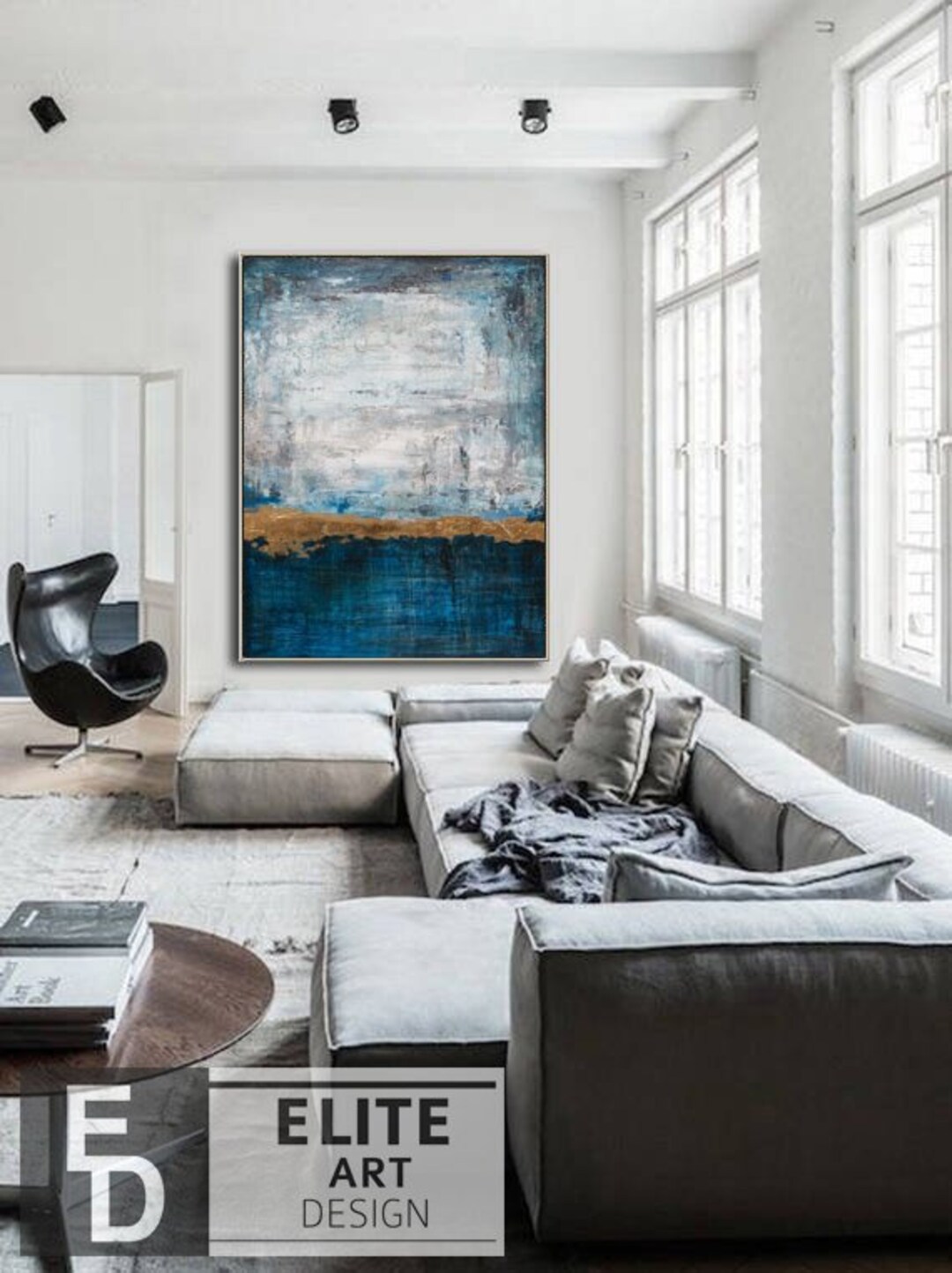 Modern Ocean Wall Art Navy Blue Painting Gold Leaf Painting Heavy