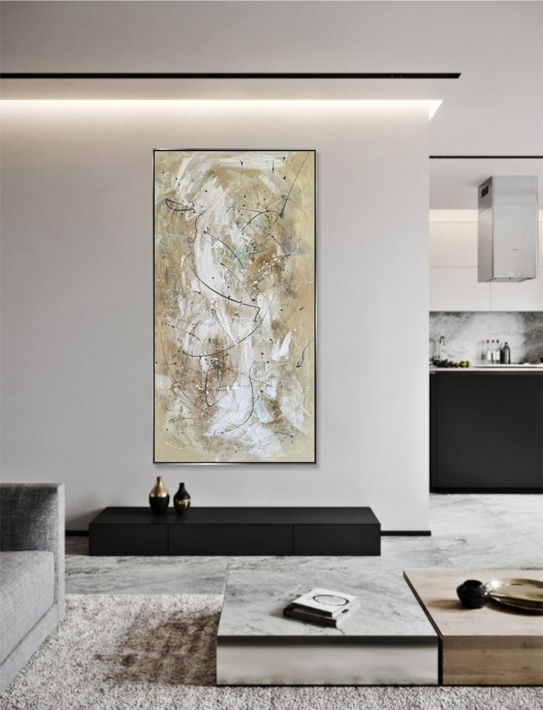 ベージュとホワイトの抽象画 ニュートラルな抽象画 - ベージュと白のミニマリストテクスチャ絵画