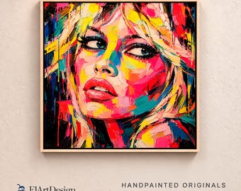 Colorful Pop Art Woman Portrait Painting | Red Lips Textured Wall Art for Living Room