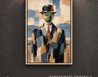 Abstract Surreal Man Painting Bowler Hat Cubist Blue Beige Textured Art Original Home Wall Decor