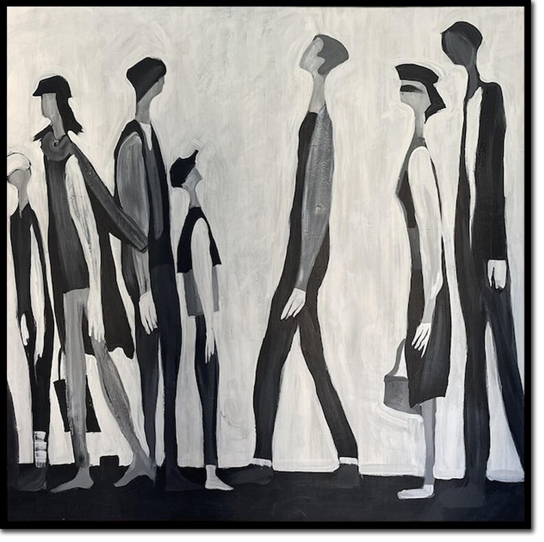 May include: A black and white painting of a group of people walking in a line. The people are all wearing simple clothing and have their heads turned to the side. The painting is done in a minimalist style and has a sense of movement.