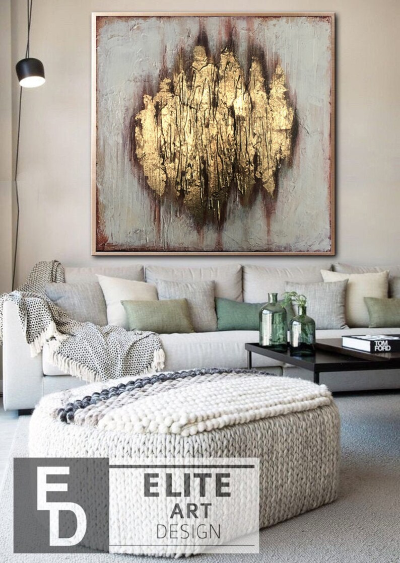 Oversize Abstract Art Modern Canvas Golden Leaf Extra Large Etsy