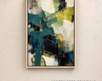 Olive Green Abstract Painting | Original Vertical Teal Cream Textured Canvas Wall Art for Bedroom
