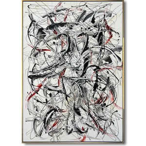 Jackson Pollock Style Black and White Red Abstract Drip Canvas Wall Art