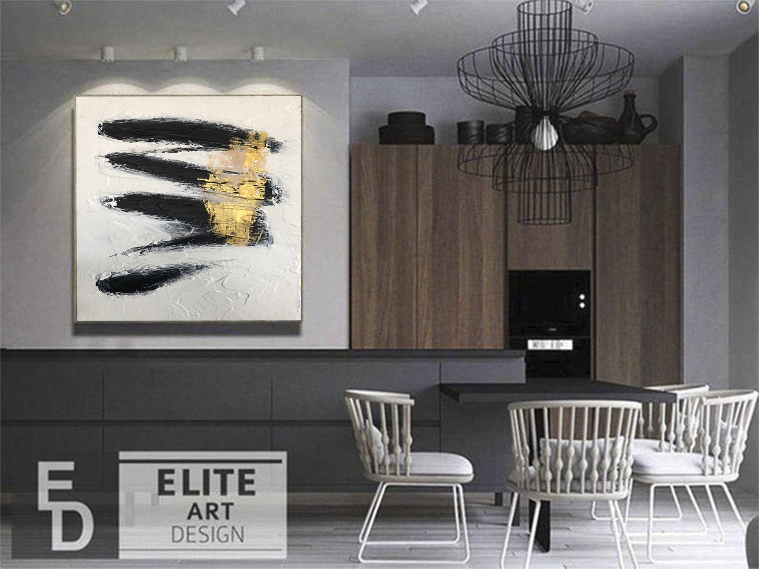 Large Framed Art Painting White Art Black Modern Paintings Etsy