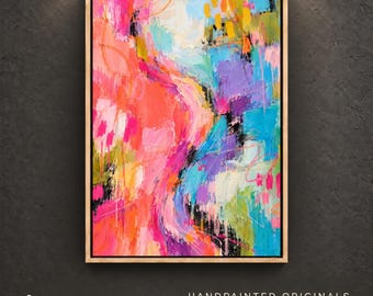 Colorful Abstract Wall Art | Original Vertical Coral Pink Turquoise Textured Painting for Living Room