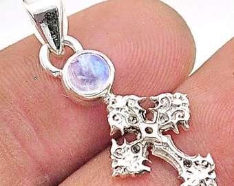 0.75 cts Rainbow Moonstone Cross Pendant - 925 Solid Sterling Silver - Gorgeous Flash! - *MYSTERY* - *SELF-DISCOVERY* - *Intuition*