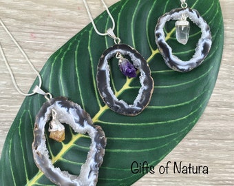 Agate Geode Slice with Gemstone Pendant!  YOU PICK!  One of a Kind - Electroplated - BONUS Black Cord