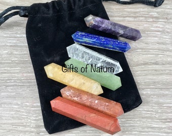 7 Gemstones Rainbow Charka Wands Set - Double Termination - Polished, Smooth, Simply Divine!  Comes with Velvet Bag