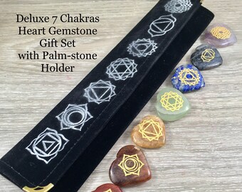 7 Chakras Gemstone Hearts Set - Genuine Crystals - Smooth, Polished - Comes with Velvet Storage Bag - Reiki Energy