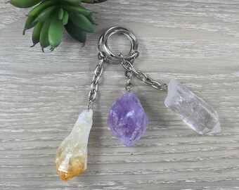 Genuine Natural Gemstone Points Keychains - Clear Quartz, Amethyst, Citrine - Reiki Healing