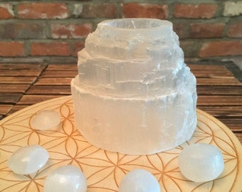 4" Selenite Mountain Candle Holder - Handcarved - Natural, No Dyes - *Spiritual Activation* - Reiki Healing