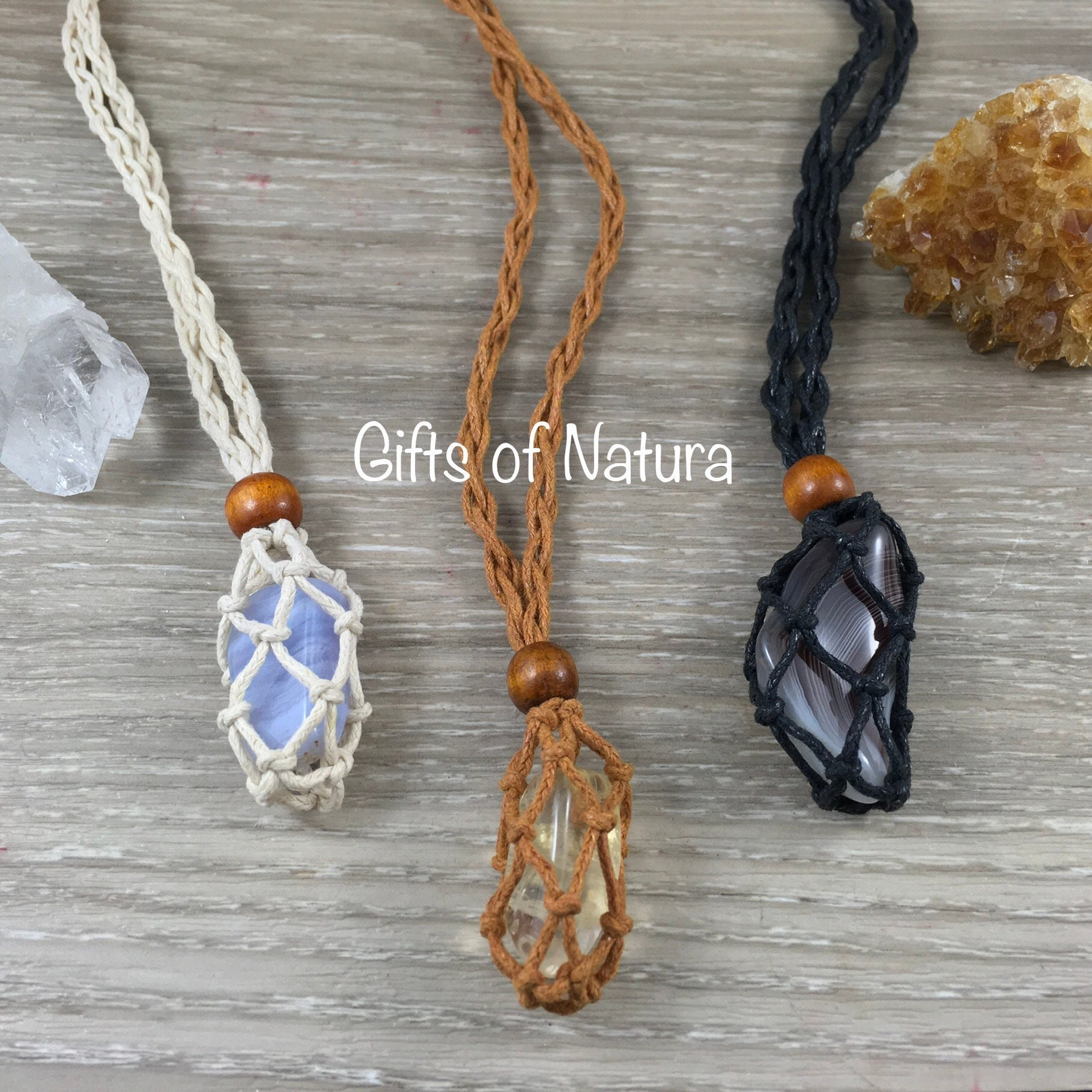 Crystal Holder Necklace - Macrame Necklace, Interchangeable, Woven