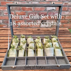 GROS !  Élégante boîte de rangement pour cristaux avec 25 cloisons - * CRISTALLINS EN OPTION* - Dessus en verre trempé - Polyester - Coffret cadeau ultime