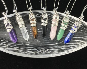 Silver Dragon Genuine Gemstone Point Pendant with Chain - Amethyst, Clear Quartz, Tiger Eye, Black Onyx, Rose Quartz, Aventurine, Lapis