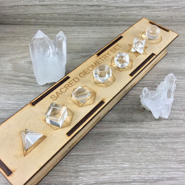 Clear Quartz Sacred Geometry / Platonic Solids Set - 7 pieces - Comes with Wooden Gift Box - Excellent Gift - Meditation Aid - Reiki  Energy