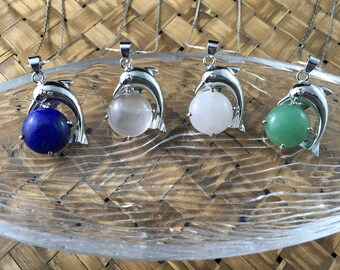 Silver Dolphin with Genuine Natural Gemstone Pendant including Chain - Lapis Lazuli, Clear Quartz, Rose Quartz, or Aventurine (FREE SHIP US)