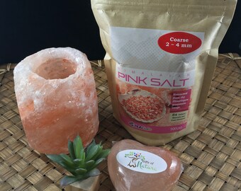Himalayan Salt Crystal Rough Shaped Candle Tea Light Holder + Anti-Bacterial Heart Bar + Gourmet Salt Package
