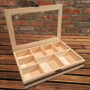 Boîte en bois faite main avec séparations - Dessus en acrylique - Poids léger - Idéal pour ranger les cristaux - 8 compartiments - Boîte de rangement pour cristaux